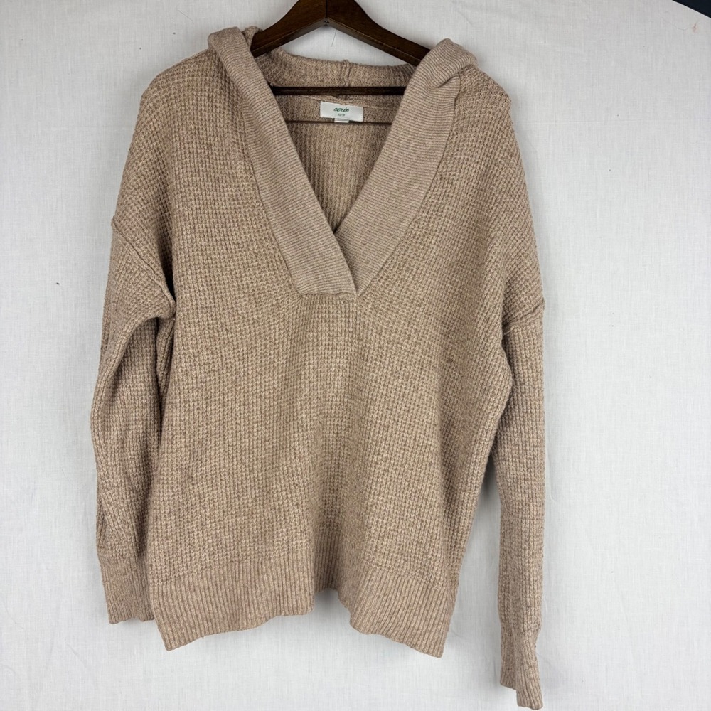 Aerie Tan Waffle Knit Hooded V-Neck‎ Sweater Womens XS Relaxed Fit  Pullover - Picture 2 of 13